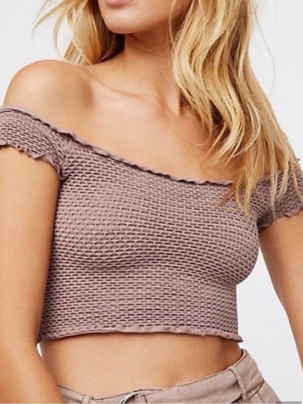 Free People Pink Off-Shoulder Textured Smocked Crop‎ Top